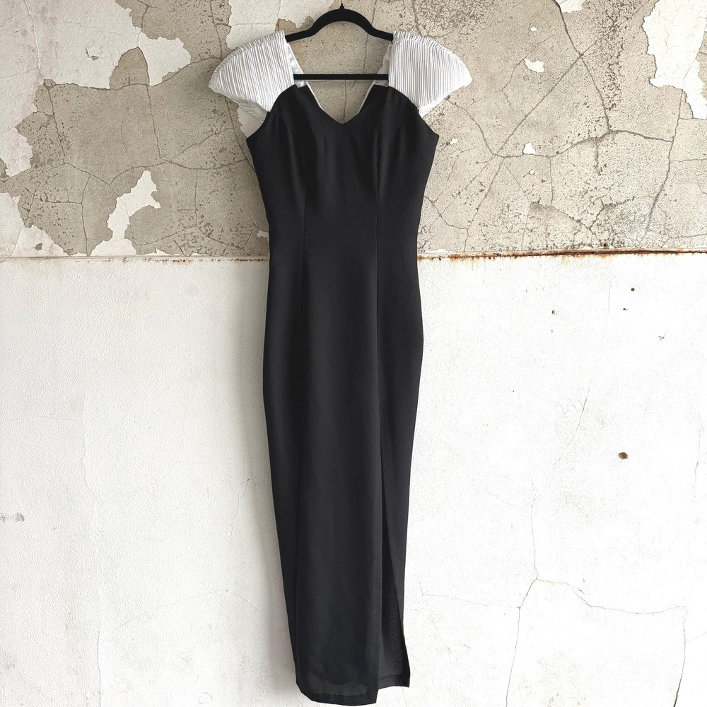 Vintage 90s Evening Gown Black & White Dress Cocktail Party Glam Statement Bow S